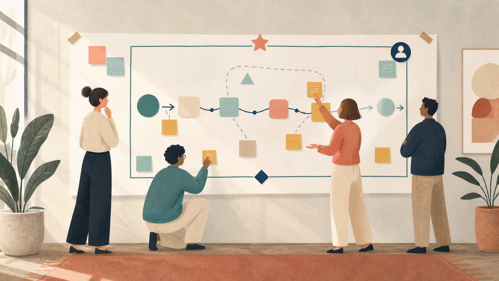 Cross-functional workshop mapping an AI agent pilot with process, evidence, boundaries, and ownership