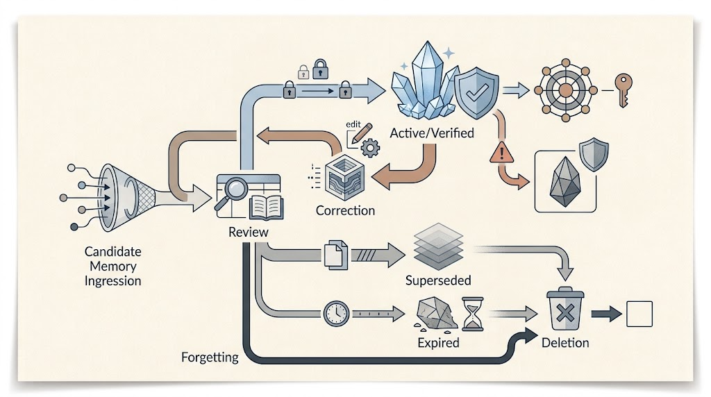 show scoped retrieval joining durable memory with current source-of-truth data before action